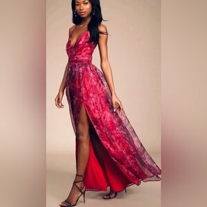 Lulu’s maxi dress floral red formal celebration wedding festive  women’s L New